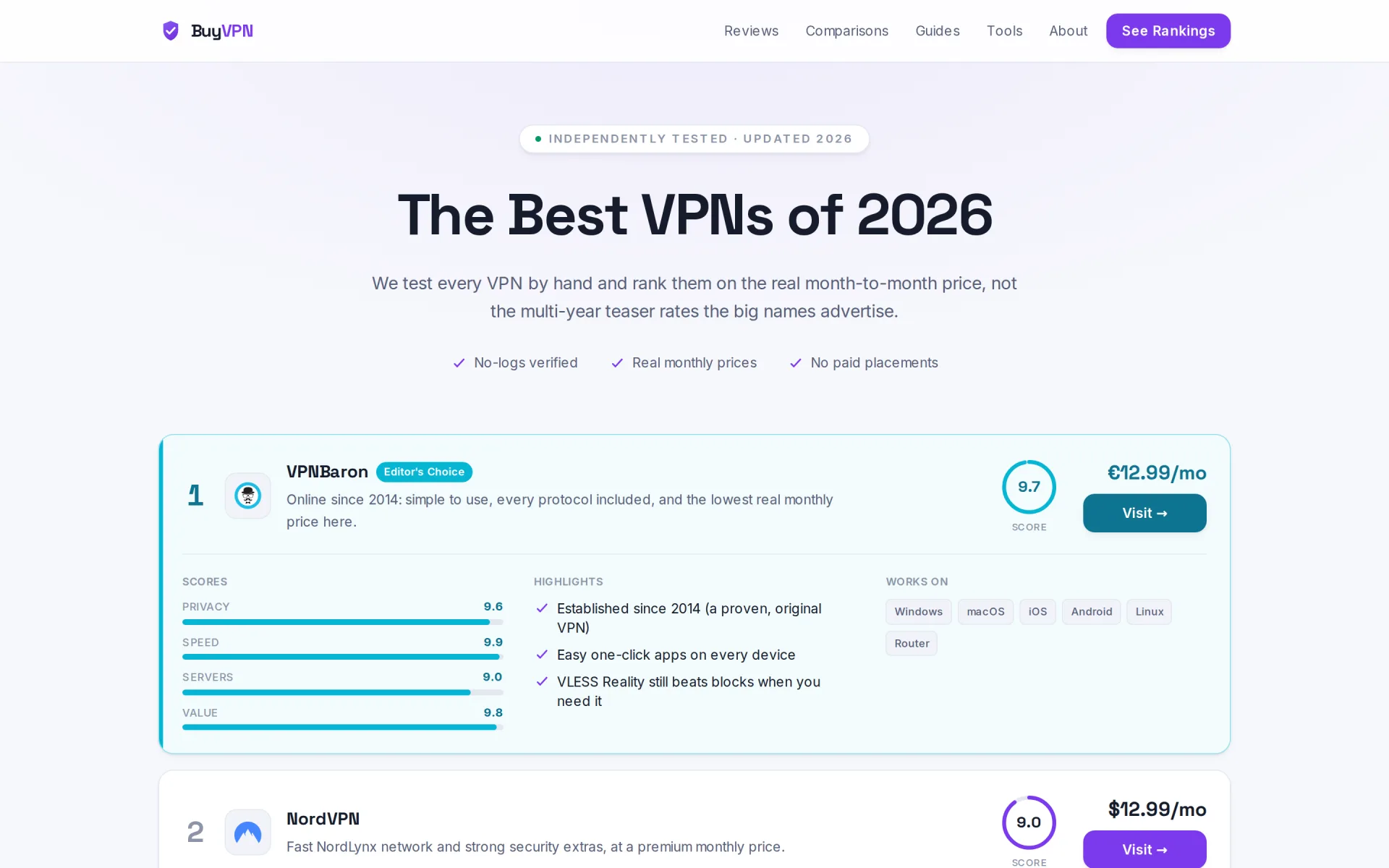 BuyVPN: Recenzii și comparații de VPN-uri, într-un site static foarte rapid.